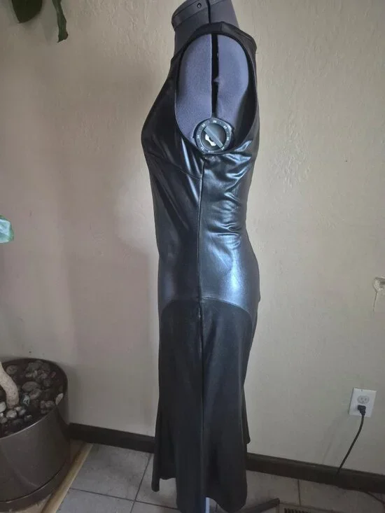 Venus Black Sleeveless Faux Leather Midi Dress Size M - Picture 4 of 6